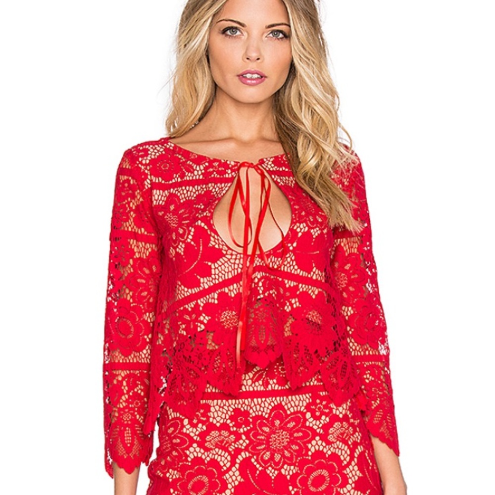 For Love & Lemons Gianna Red Lace Crop Top